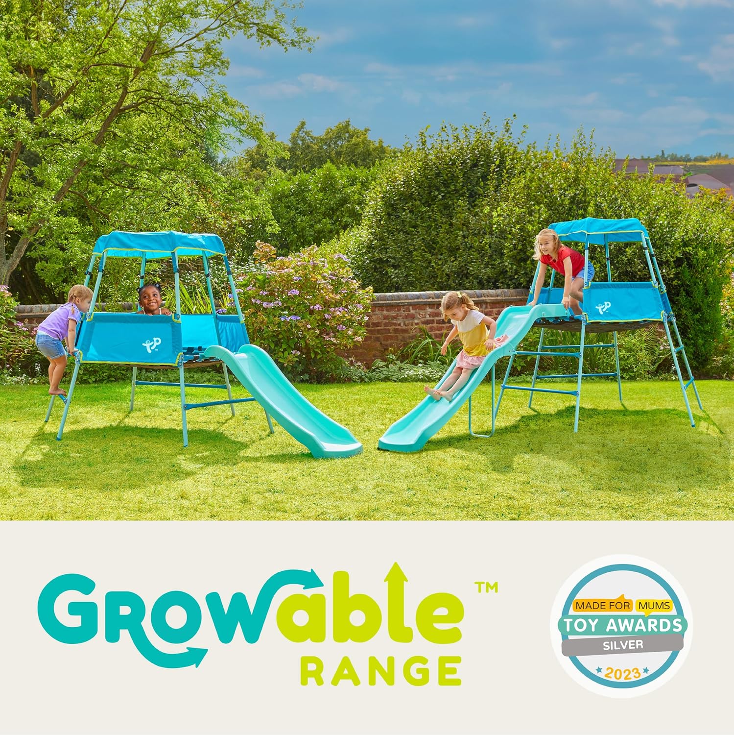 TP Growable Adventurer Klettergerüst aus Metall mit Rutsche und Vordach, höhenverstellbar, für Kinder von 18 Monaten bis 3 Jahren, langlebige Outdoor-Spielstruktur, fantasievolle Spielmatte inklusive
