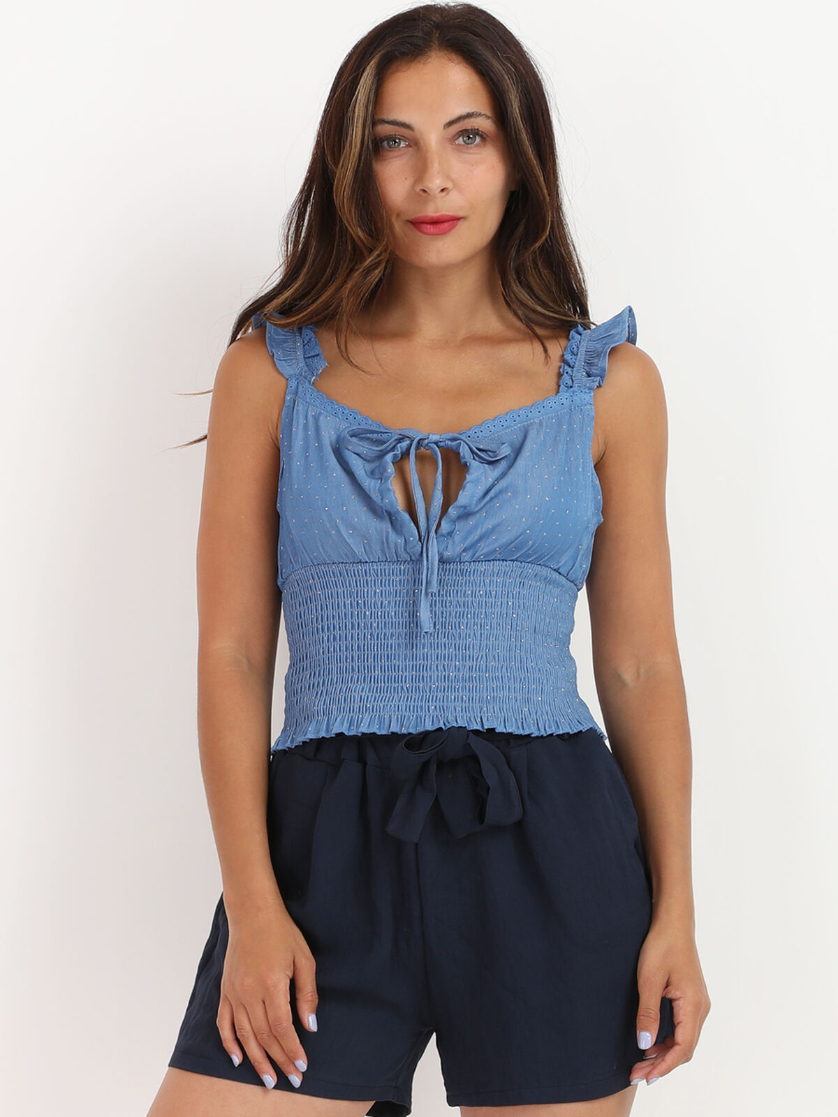 Top smocké à détails- Bleu