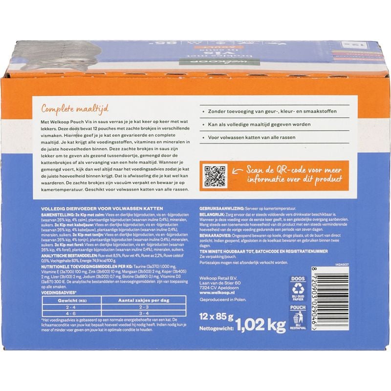 Welkoop Pouch Brokjes in Saus - Kattenvoer - 12x85 gram - 150 Gram - vis