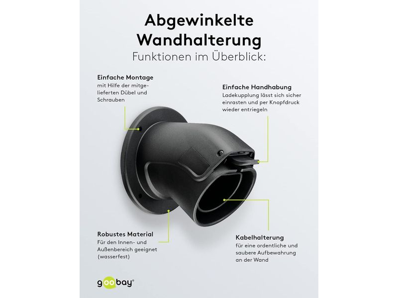Goobay Wandhalterung abgewinkelt für Ladekabel Typ-2 Kabel-Wandhalterung für Typ-2 Elektrofahrzeug-Ladekabel