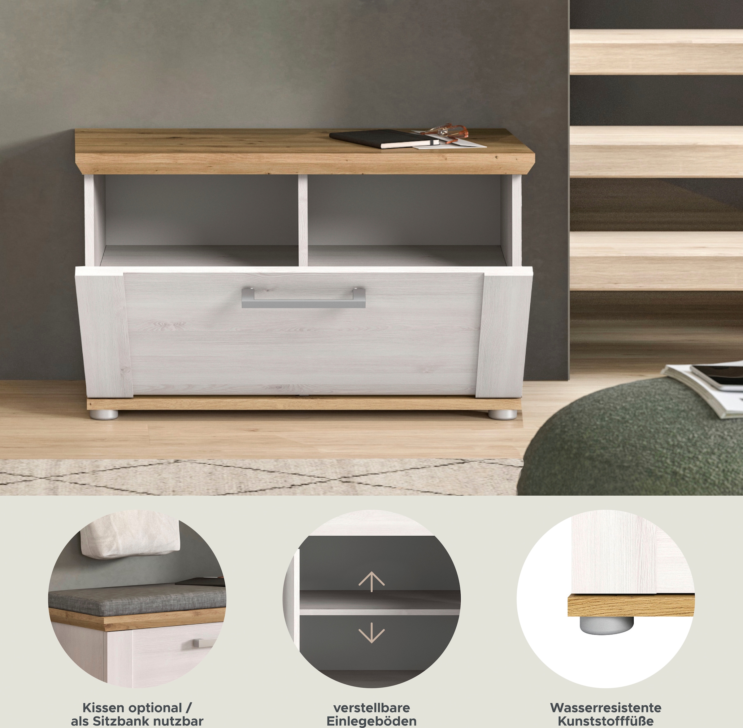 Home affaire Sitzbank »COSENZA, TOPSELLER!, Breite 80 cm, 1 Klappe, 2 Einlegeböden, 2-farbig« in Landhausoptik, Bank, Schuhbank, Garderobenbank, Dielenbank