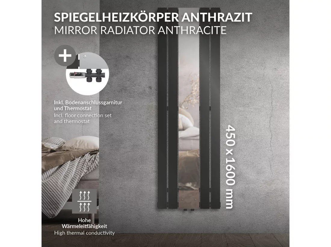 Radiateur plat anthracite 450x1600 mm avec miroir et kit raccordement au sol