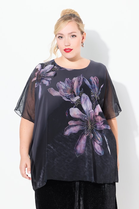 Bluse, doppellagig, Blüten, A-Linie, Rundhals, Halbarm