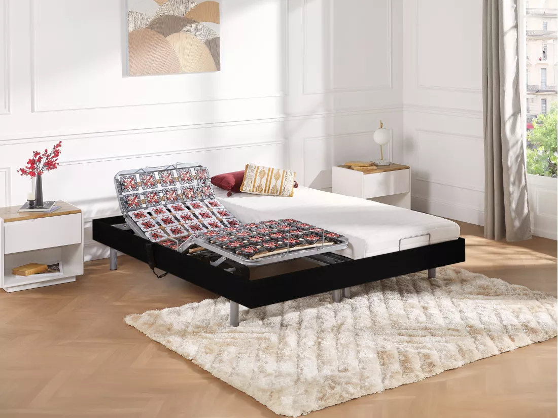 Lit électrique de relaxation tout plots + matelas latex - 2 x 80 x 200 cm - Noir - CASSIOPEE III de YSMÉE