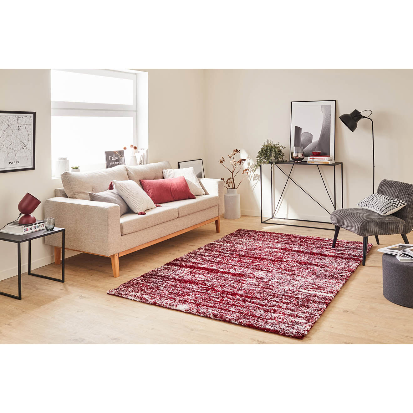Nazar Rugs Tapis Shaggy doux Oslo 584 rouge - 80x300 cm