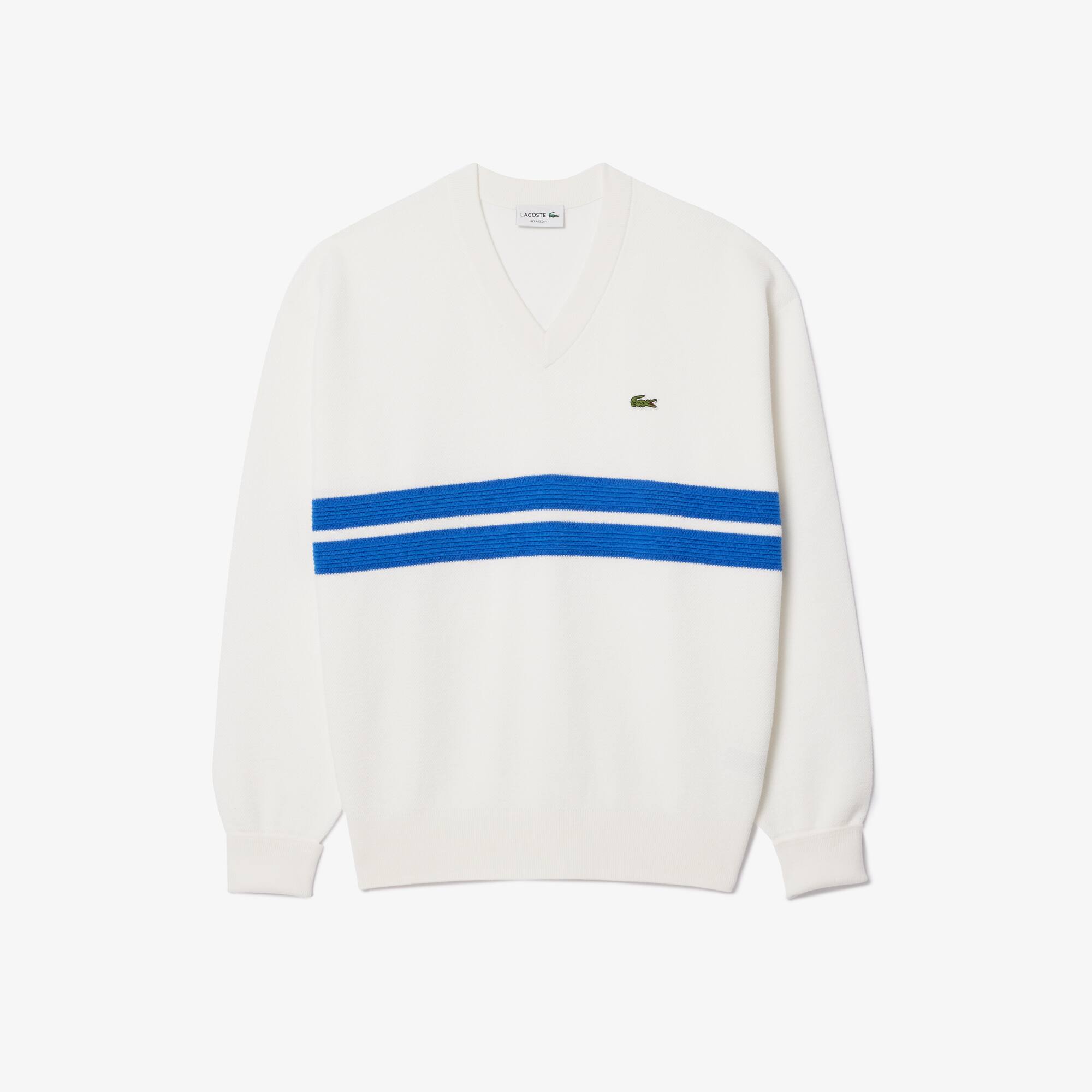 Pull col V rayé en piqué double-face avec rayures Pullovers - Blanc - Lacoste - Homme