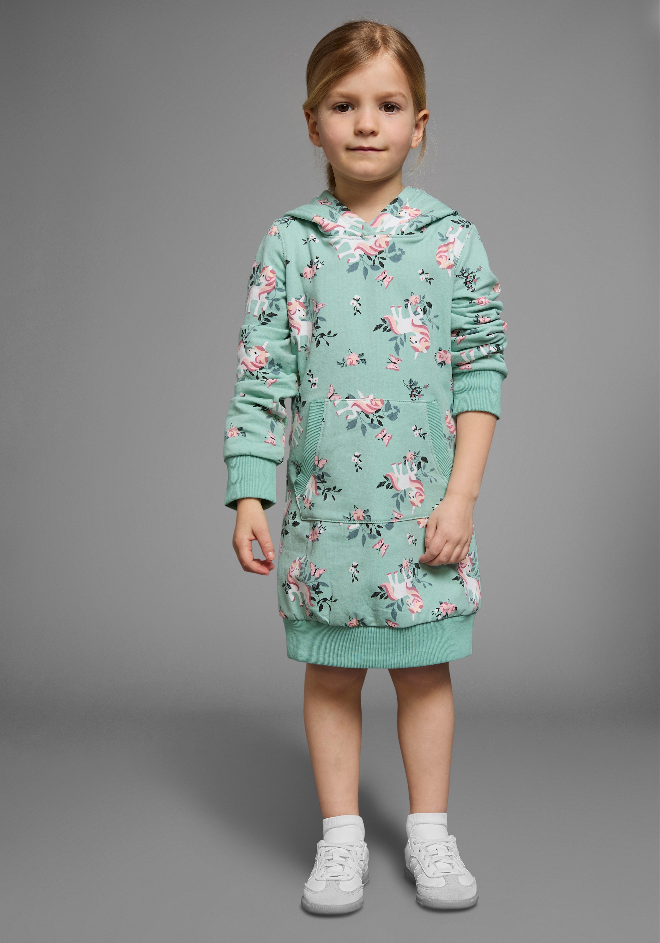 KIDSWORLD Sweatkleid »Einhorn« Kängurutasche bis Mitte des Oberschenkels,  mädchenhafter Style