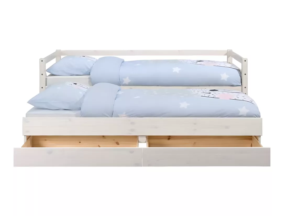 Pack lit banquette gigogne avec 2 matelas 90x200 cm bois massif blanc ALMA