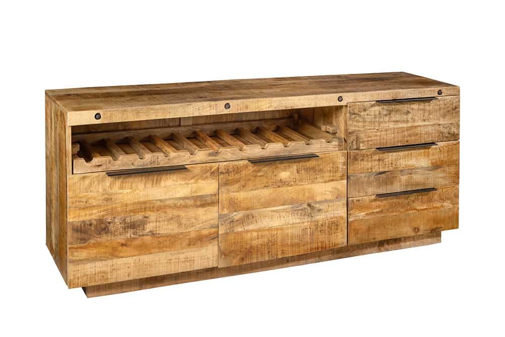 Massives Sideboard IRON CRAFT 175cm natur Mangoholz mit Schubladen Weinregal