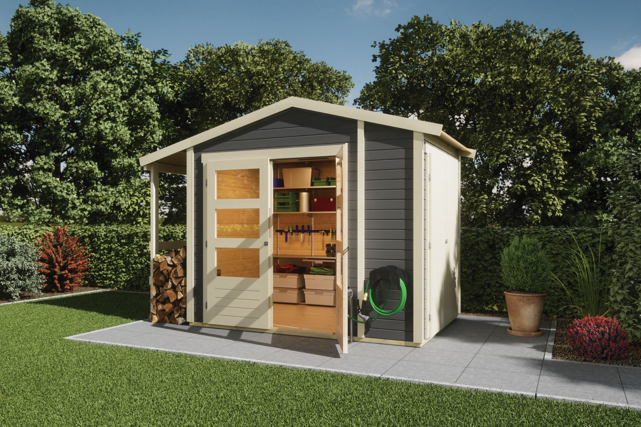 Karibu Gartenhaus 19mm Multi Satteldach mit Schrank und Anbaudach terragrau inkl. Fußboden & Dacheindeckung