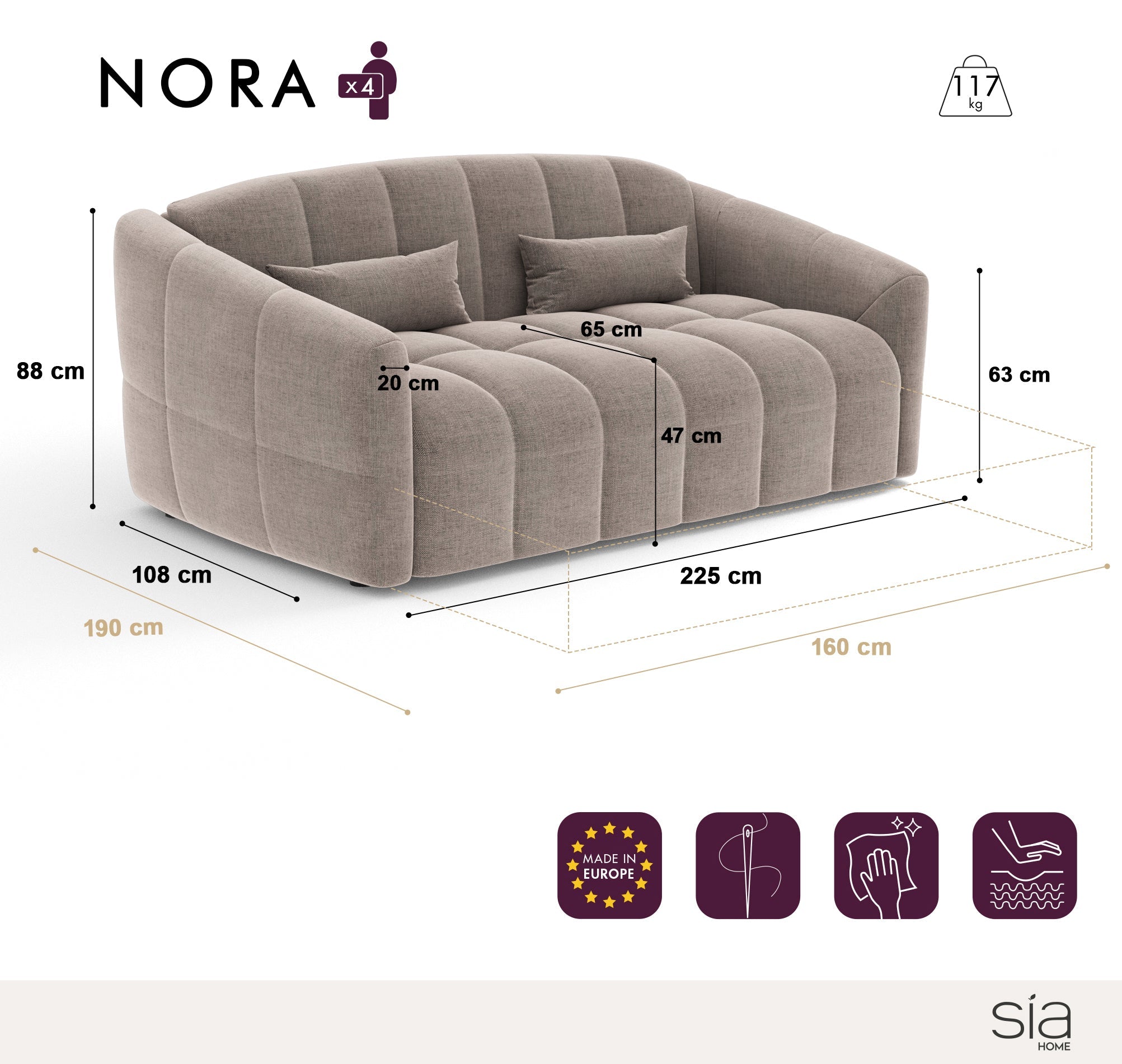 Rechte bank NORA 4 personen Fluweel Mol