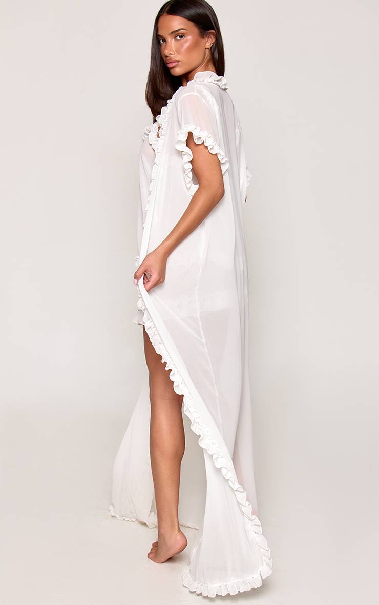 Blanc Robe Déshabillé Transparente En Mousseline À Volants Et Liens À Nouer Devant