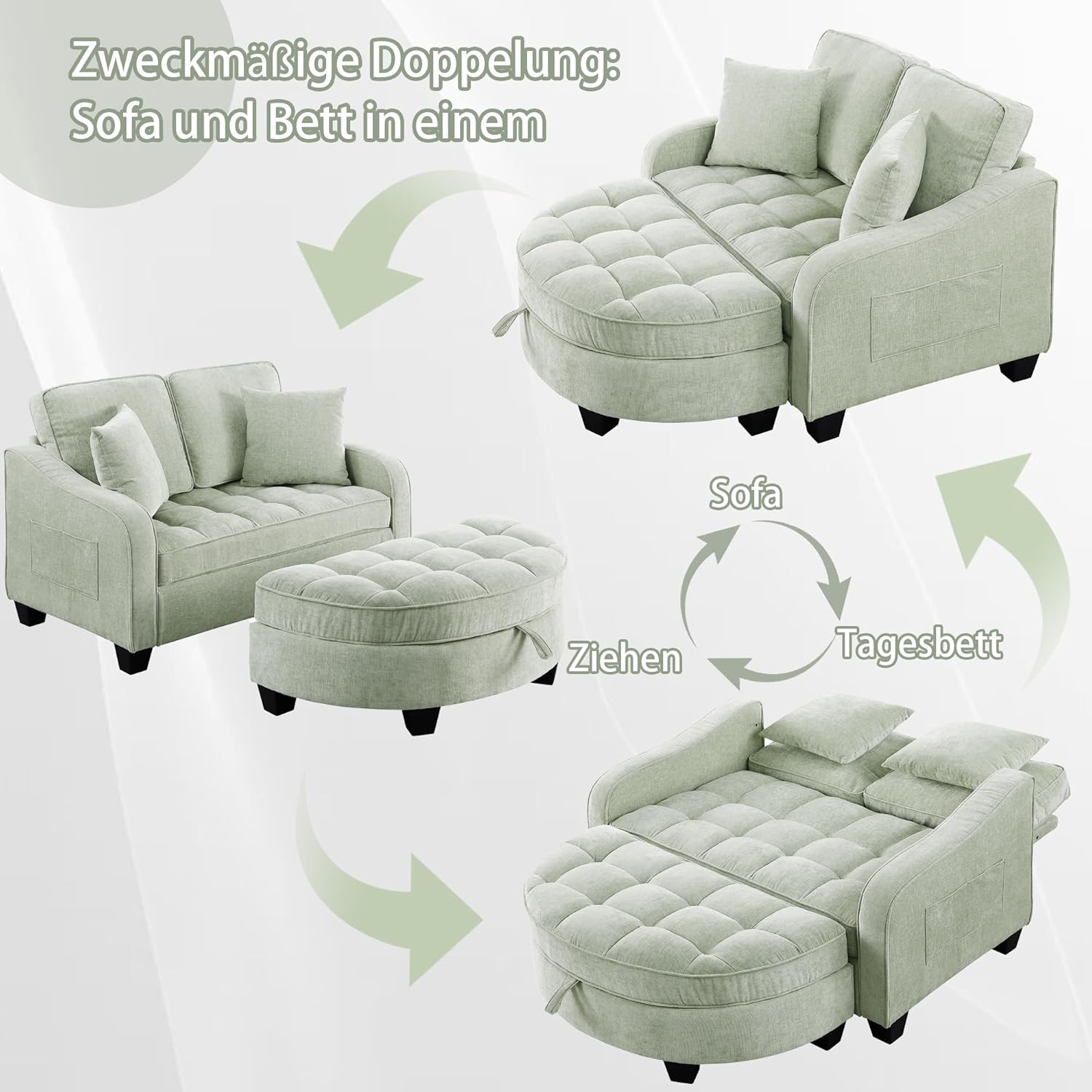 Sofa mit Schlaffunktion, 2-in-1 Schlafsofa, Modulares Sofa, Aufbewahrungs-Hocker & 4 Kisse, für Kleine Wohnzimmer, Studienzimmer, Schlafzimmer, 132×129×93cm (Cyan)