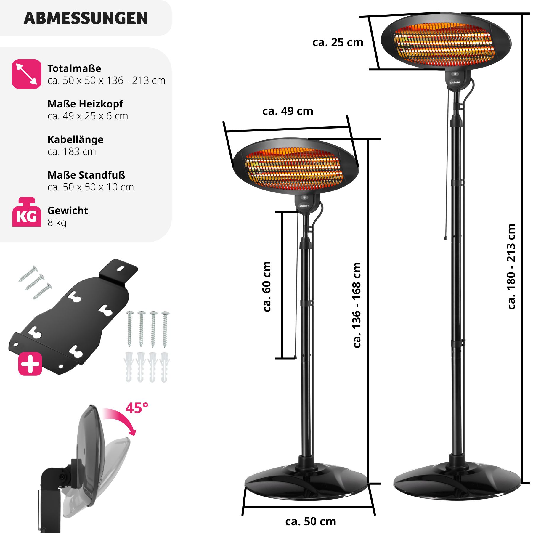 tectake® Infrarotheizstrahler, 3 Leistungsstufen, 650, 1300 und 2000 W, höhenverstellbar und neigbar, Wandmontage möglich, 50 x 50 x 136 - 213 cm