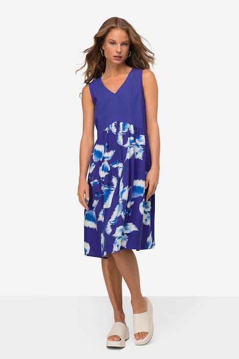 Leinenmix-Kleid, V-Ausschnitt, Rock mit Print, ärmellos