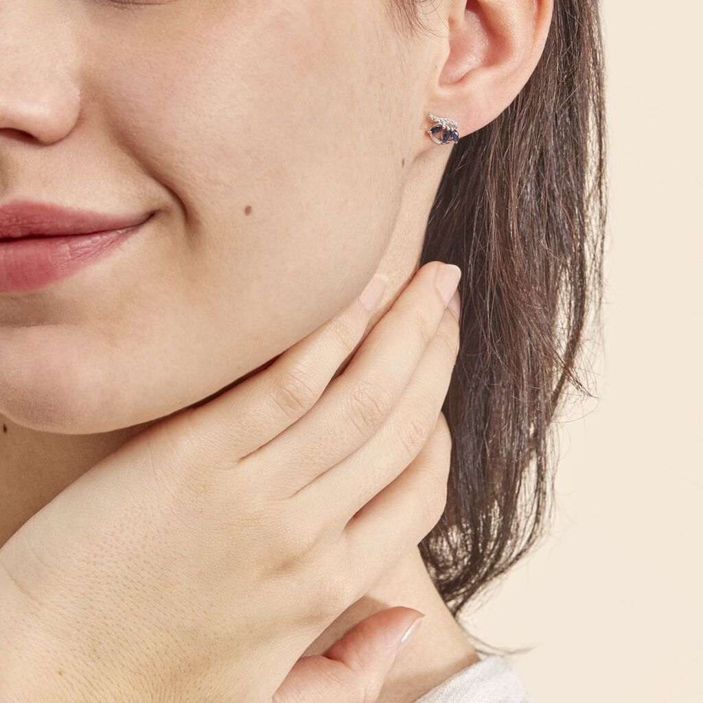 Boucles D'oreilles Puces Petale Or Blanc Saphir Et Diamant