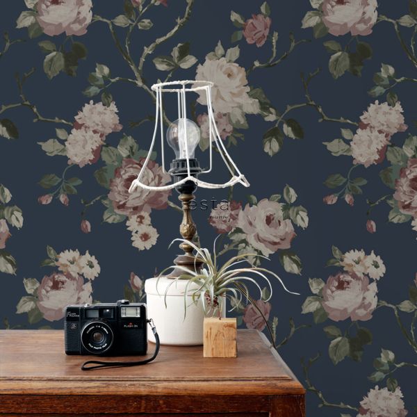 Estahome Vintage Bloemen Behang III - 0,53 x 10,05 m - Donkerblauw / Oudroze