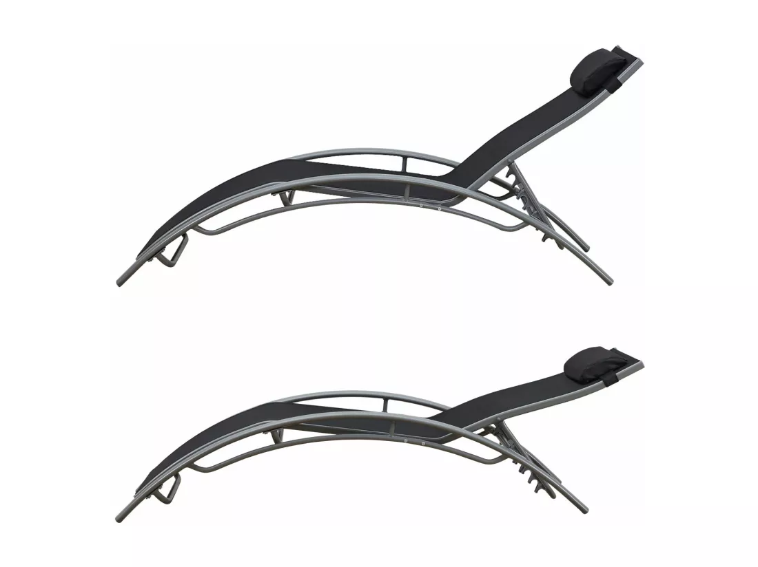 Lot de 2 transats GALAPAGOS en textilène noir - aluminium gris - HAPPY GARDEN