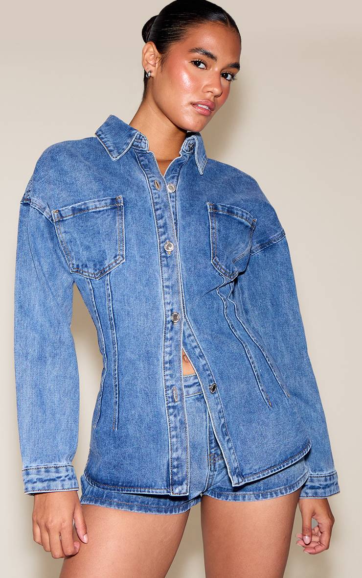 Mid Blue Wash Chemise Longue Cintrée À La Taille Avec Détails De Coutures