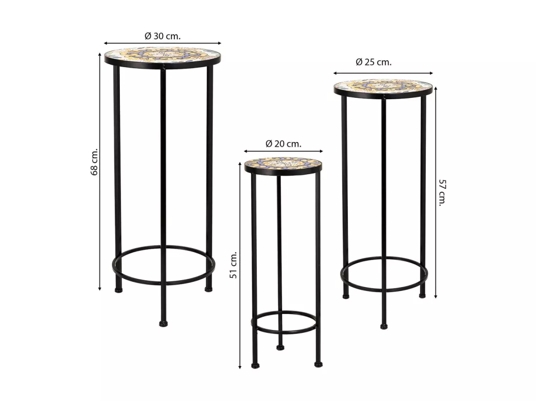Lot de 3 supports en mosaïque noire et fer forgé D30x68h-D25x57h-D20x51h cm