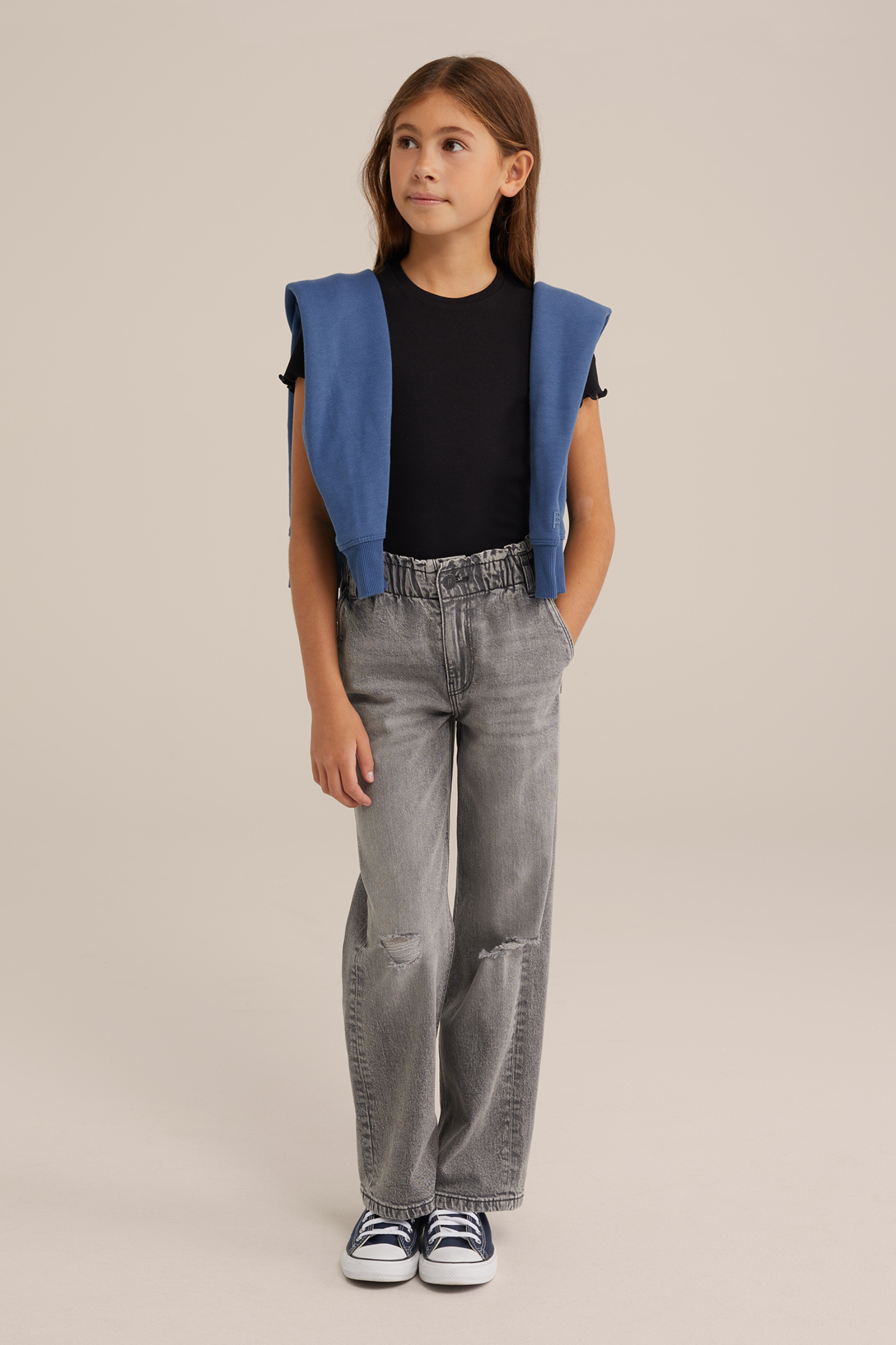 Meisjes T-shirt met ribstructuur WE Fashion Zwart