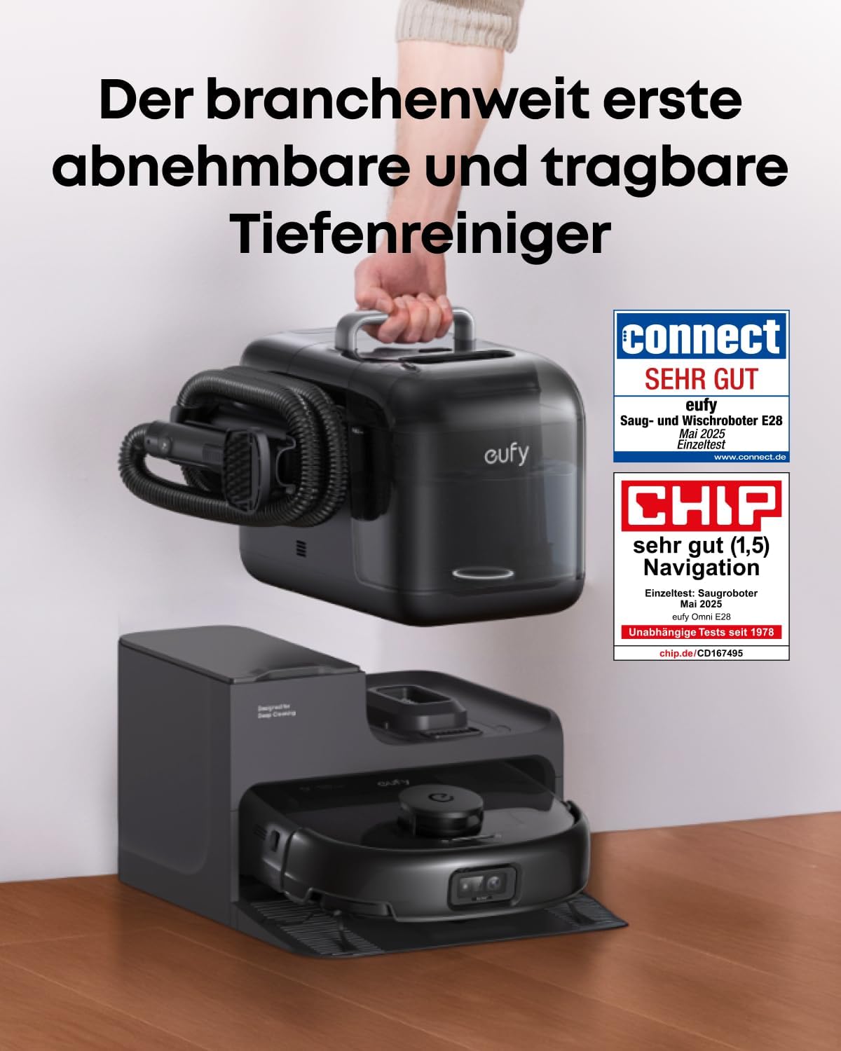 eufy Omni E28 HydroJet Saugroboter mit Wischfunktion, tragbarer Tiefenreiniger, 20.000Pa Turbo-Saugkraft, All-in-One-Station, für Tiere & Kinder. (Generalüberholt)