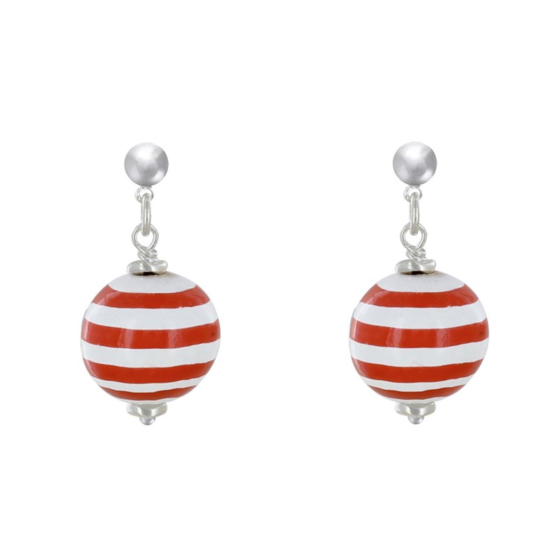 Boucles d'Oreilles Clous Métal Argenté Perles en Bois Marinière