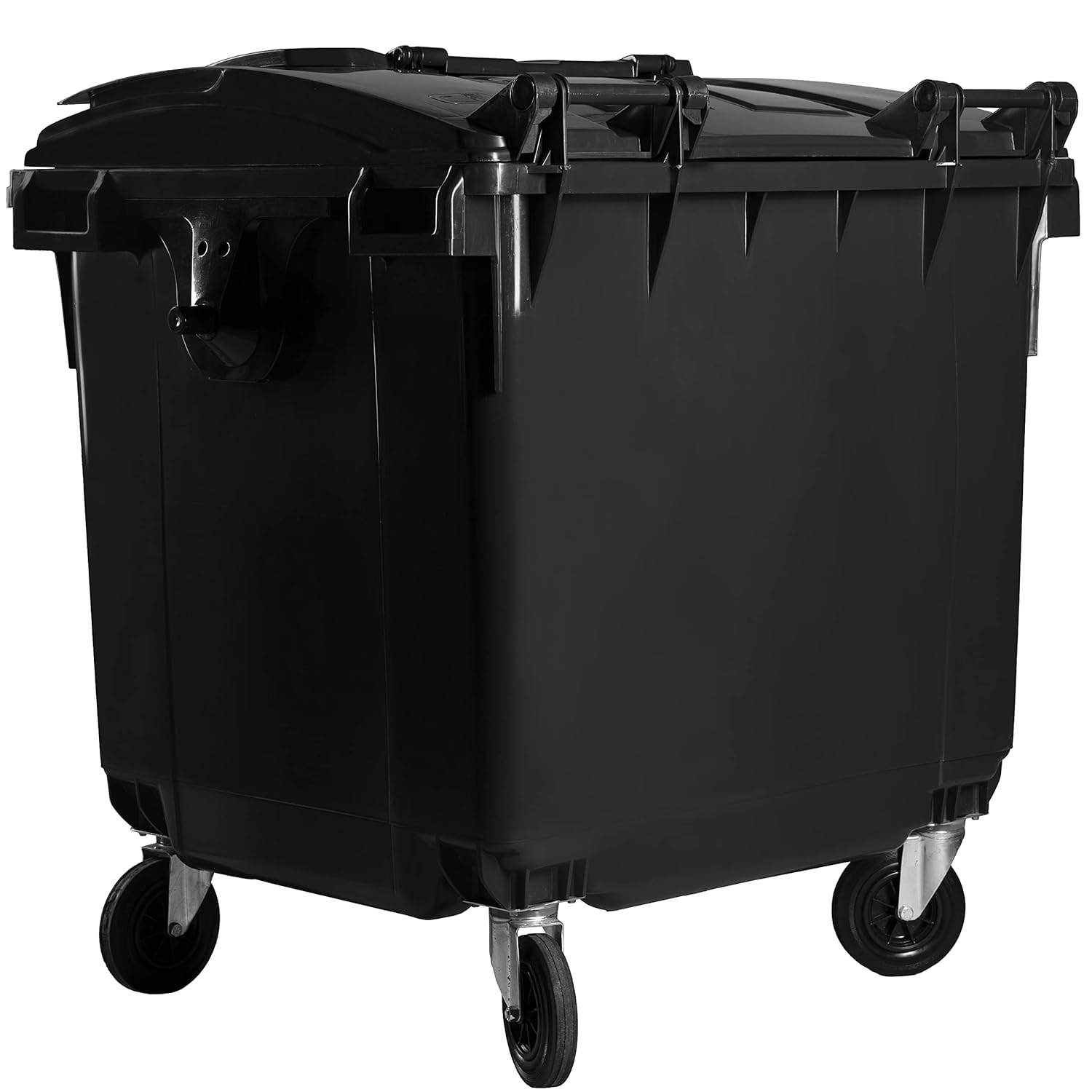 Hardwex Müllcontainer mit 4 Rädern mit Flachdeckel, Deckel im Deckel, Müllgroßbehälter, Abfalltonne, Mülltonne, Volumen: 1 100 Liter, Grau/Gelb, Größe: 1 344 x 1 370 x 1 070 mm
