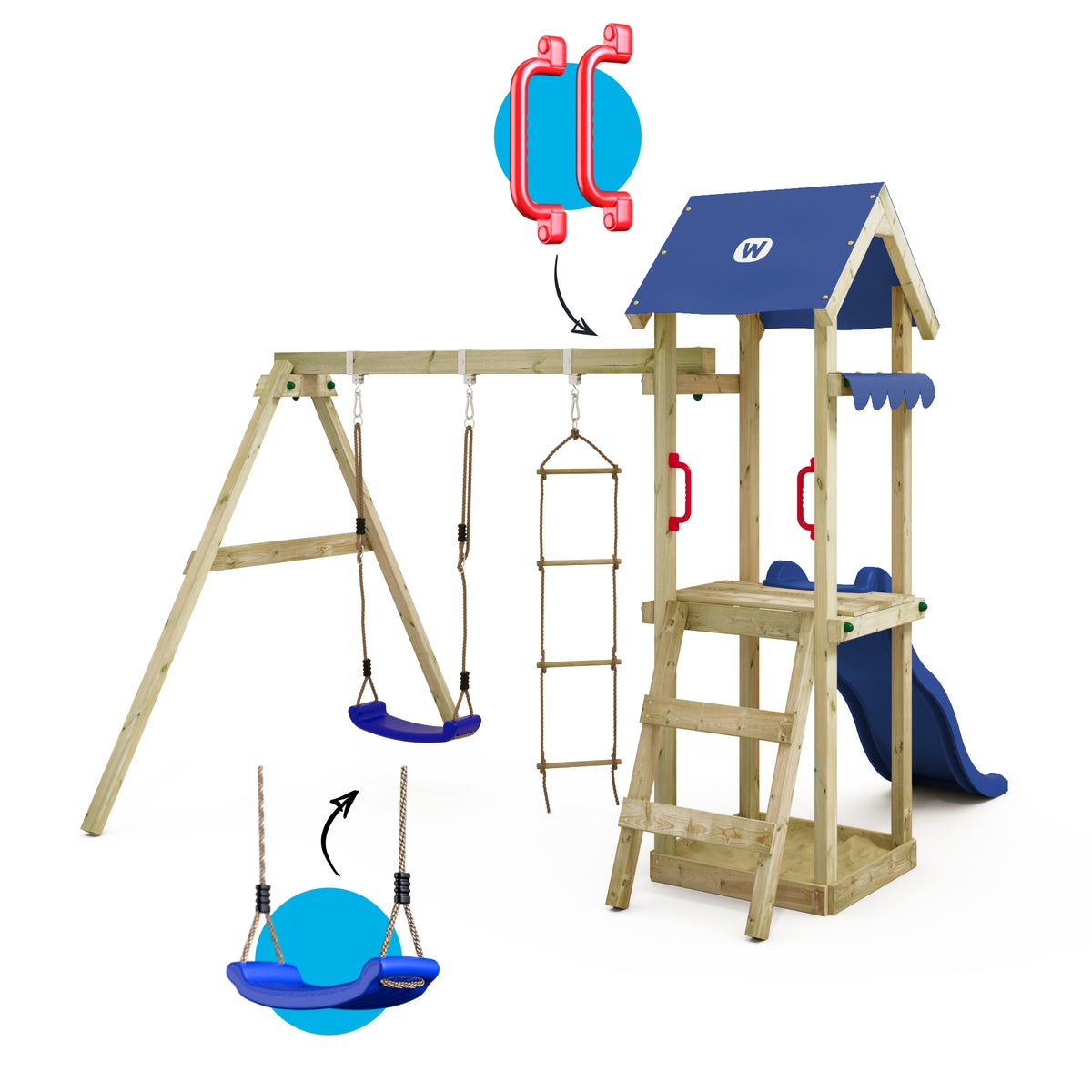 WICKEY TinyCabin Speeltoren Klimrek met Schommel en Glijbaan, Klimtoren met Zandbak, Ladder en Speelaccessoires - Blauw