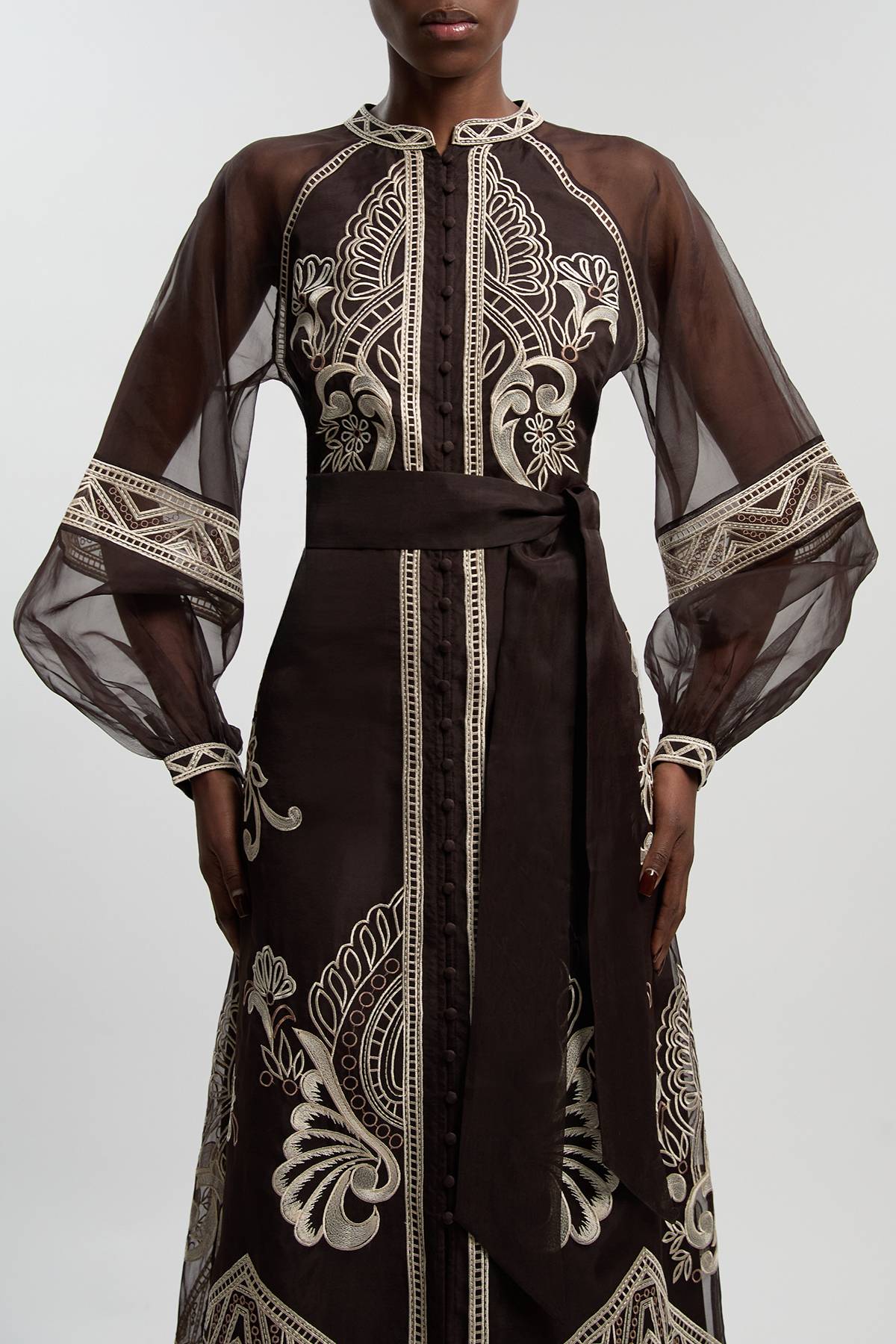 KarenMillen Robe Longue Tissée à Manches Bouffantes en Organdi Brodé