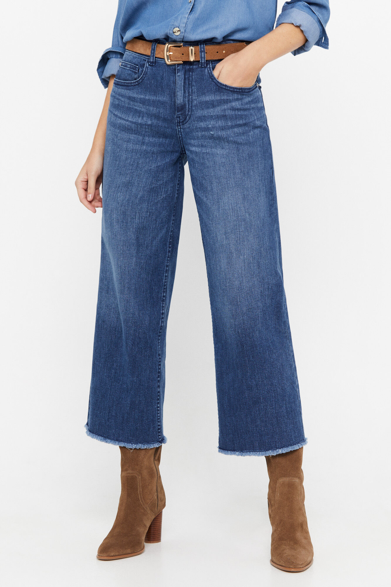Calça estilo cowboy com corte palazzo e 5 bolsos - Azul