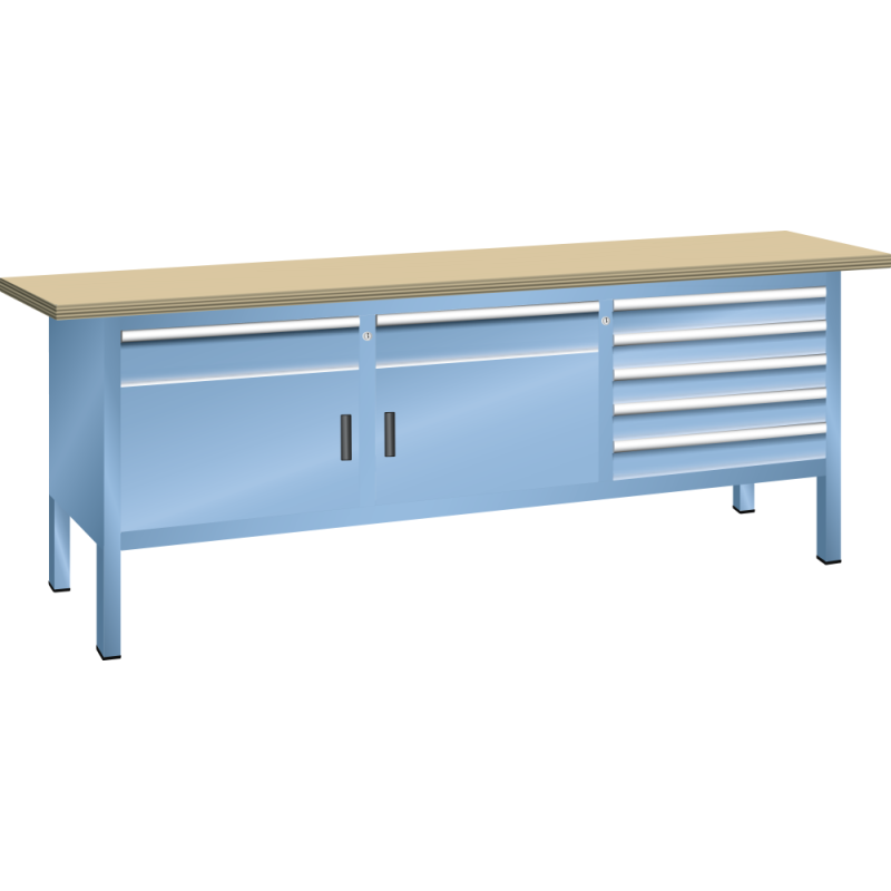 Lista - Établi compact plateau 200 x 70 cm - 2 porte battantes - 2 rayons - 7 tiroirs