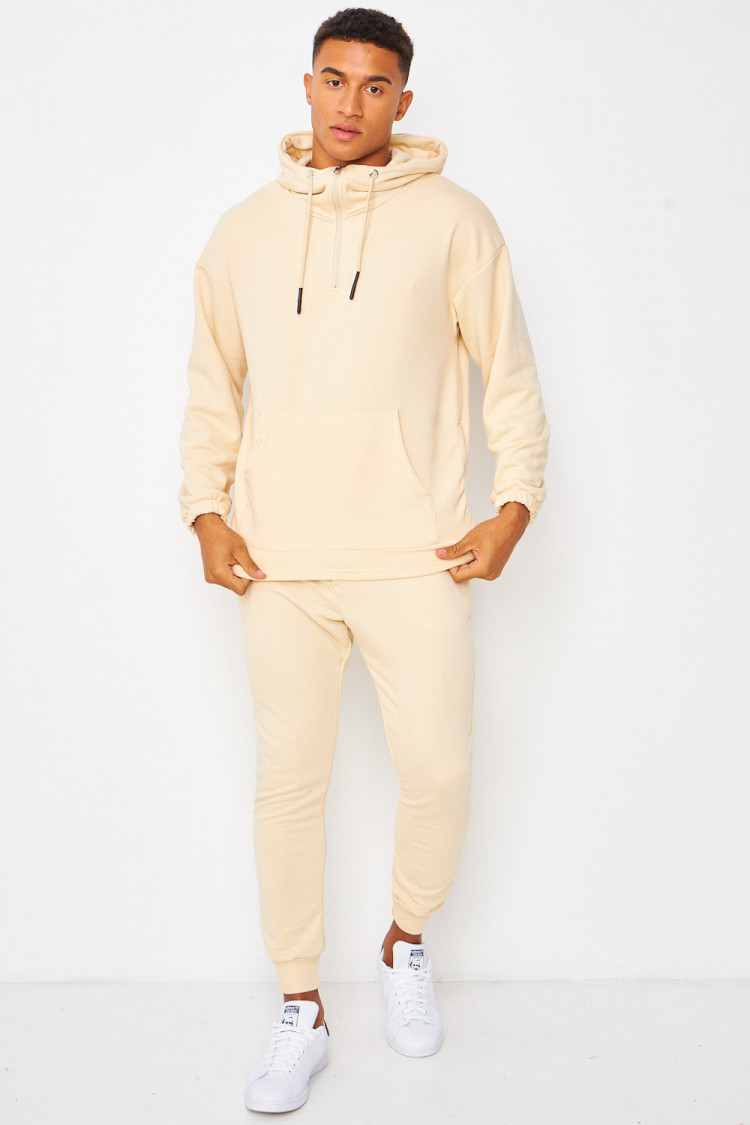 Sweat à capuche demi-zip beige