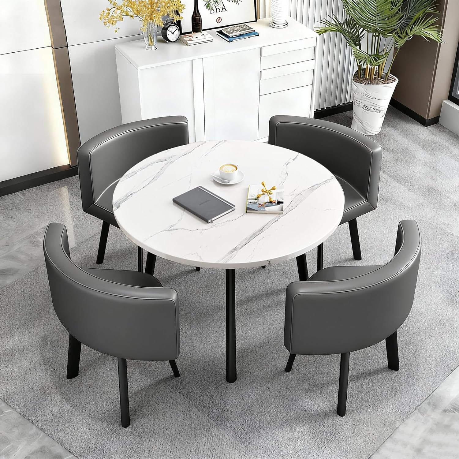 Essgruppe Set Esstisch und 4 Esszimmerstühle, Runder 90cm Essgruppe 5-Teilig aus Tischplatte in Marmoroptik und 4 PU-Leder Küche Stuhl für Küche Wohnzimmer Balkon Büro, Marmorimitat + grau
