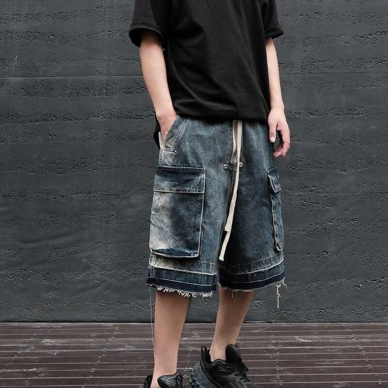 Oakjam - Gewassen, gerafelde denim cargoshorts met trekkoord in de taille, wijde pijpen