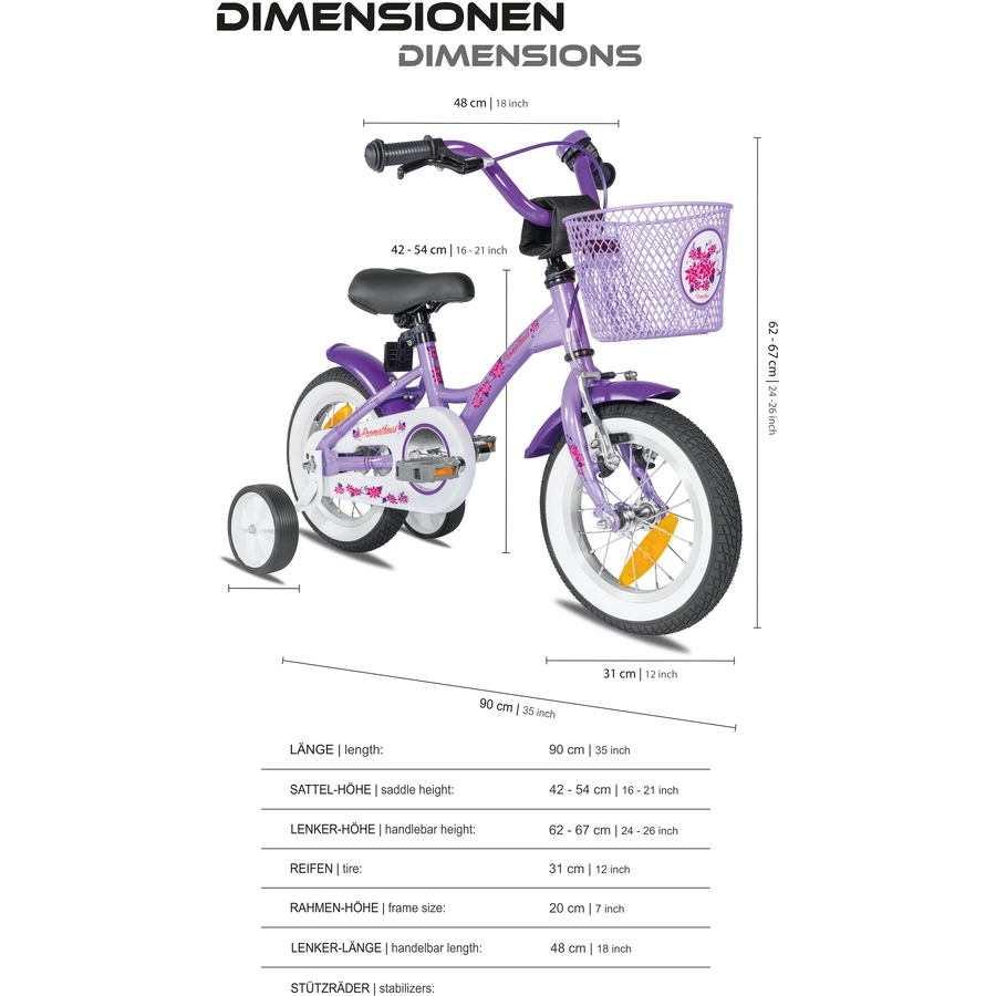 PROMETHEUS BICYCLES® Kinderfahrrad 12 ab 3 Jahre mit Stützräder in Violett & Weiß