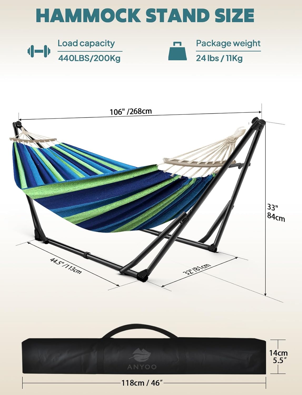 ANYOO Hängematte und Hängesessel mit klappbarem Gestell, tragbares Hängemattengestell-Set für den Outdoor/Indoor Garten Terrasse Camping Deck
