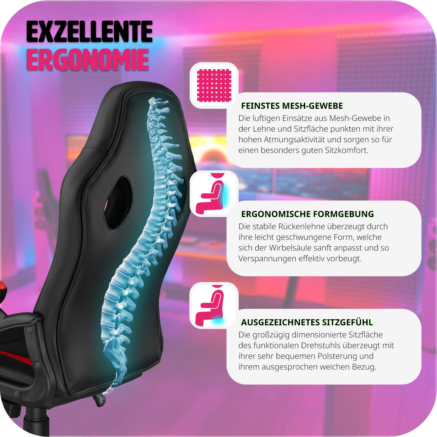 tectake® Bürostuhl, ergonomische Form, Kunstlederbezug mit Mesh-Gewebe, Belastbarkeit 120 kg