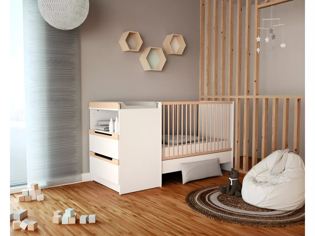 Combiné lit bébé évolutif en bois CARROUSEL Blanc et Hêtre Verni 60 x 120 cm