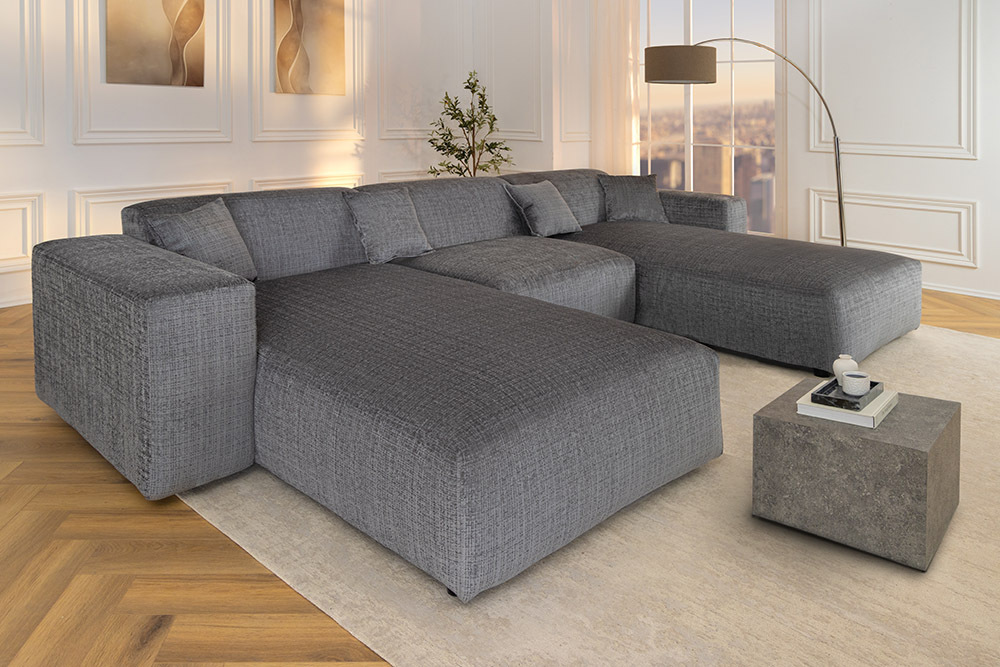 Moderne XXL Wohnlandschaft SIGNATUR 370cm grau Chenille Cremona U-Form Sofa inkl. Kissen