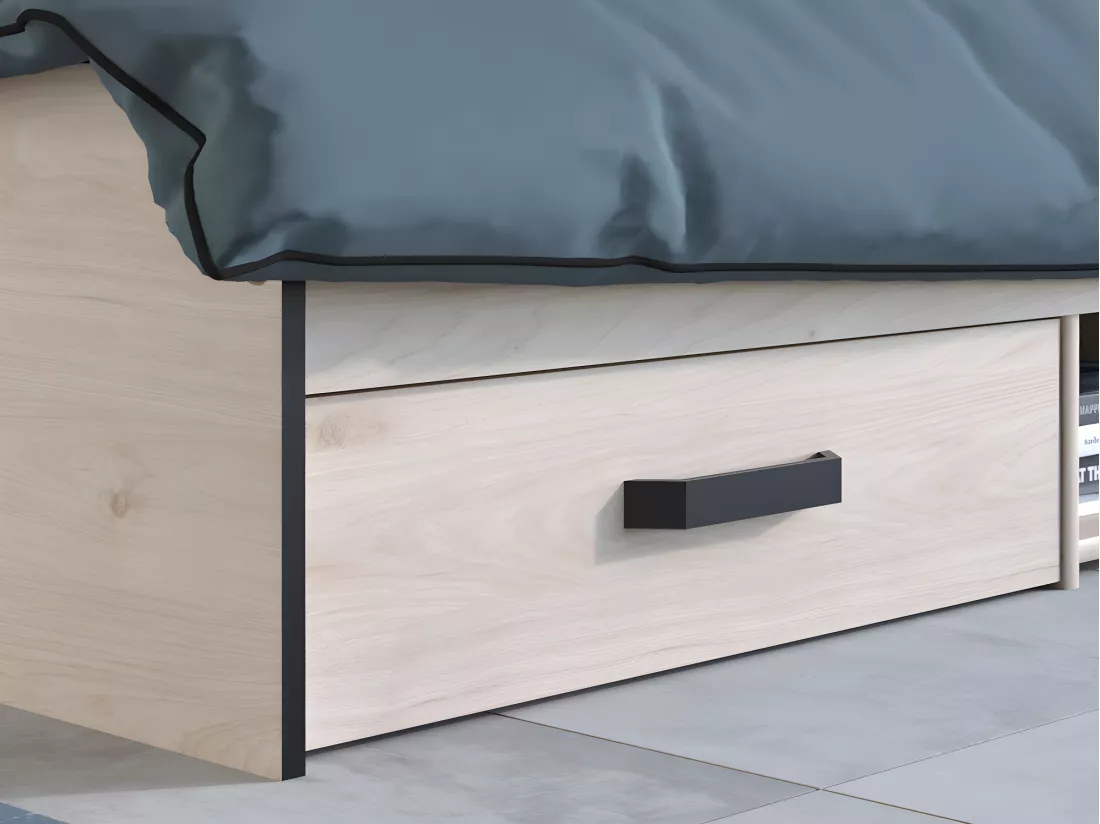 Lit avec rangements 140 x 190 cm - 2 tiroirs et 1 niche - Coloris : Naturel + Sommier - PABLO