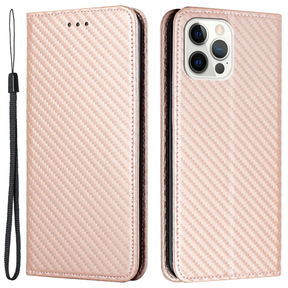 iPhone 15 Pro Max Leder Tasche Flip Cover Carbon Look - Roségold