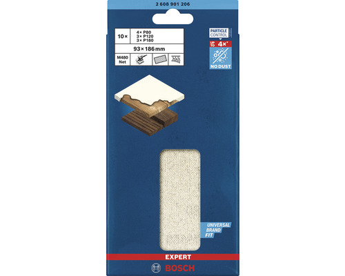 Schuurvel voor Bosch excenterschuurmachines, 93x186 mm, korrel 80/120/180, ongeperforeerd, 10 stuks