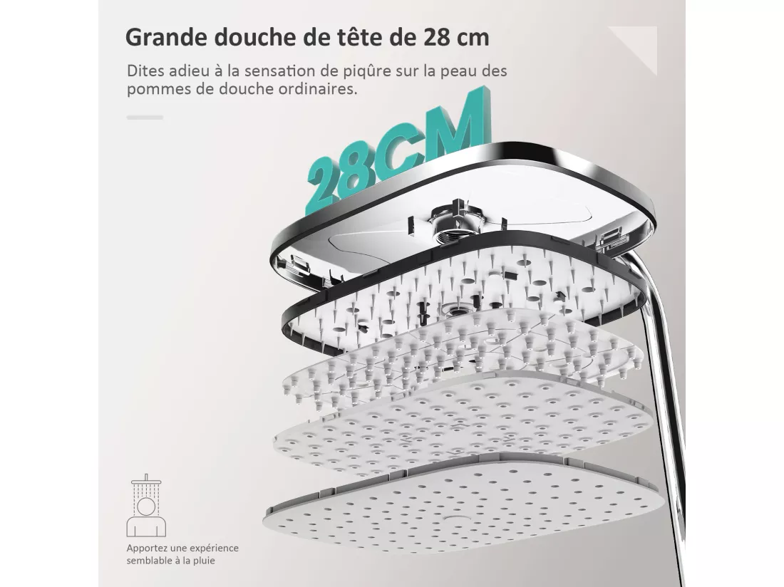 EMKE Colonne de douche thermostatique, Chrome, ensemble de douche avec 38℃ thermostat Douche de pluie et douchette à main, Réglable en Hauteur, Carré