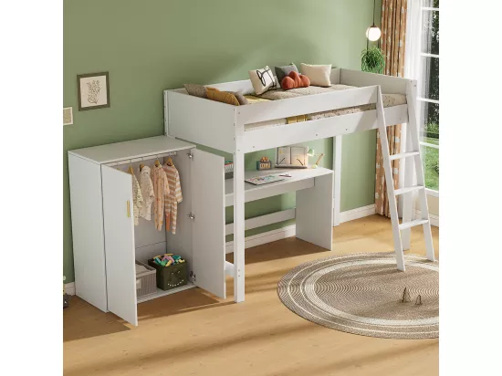 Lit mezzanine pour enfants, avec échelle, bureau, armoire, sans matelas, bois massif, blanc 90 * 200
