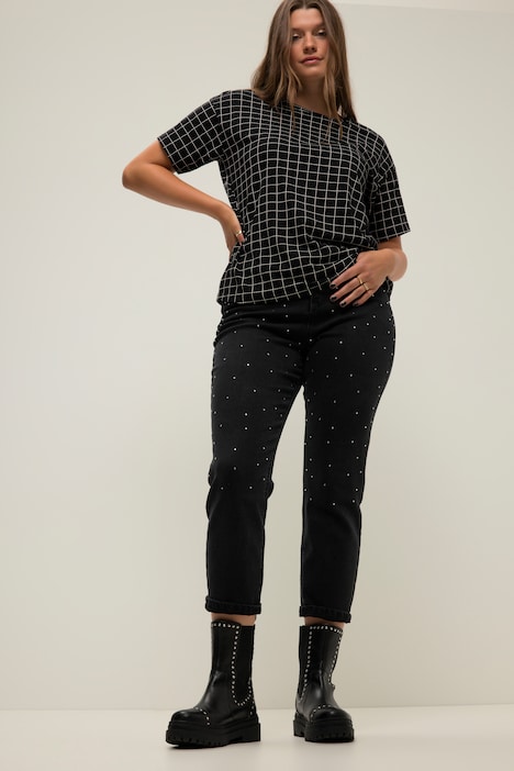 Mom-Jeans, Wide Legs, Strass-Steine, 5-Pocket, Zippfly