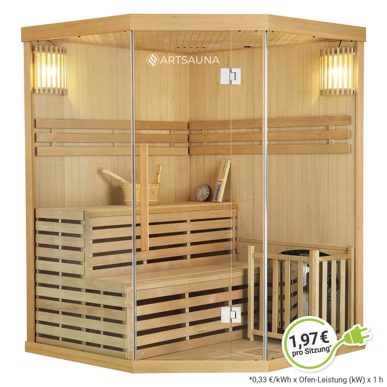 Artsauna Saunakabine Espoo150 Premium mit Harvia Ofen – 3 Personen – Hemlock Holz & Glasfront