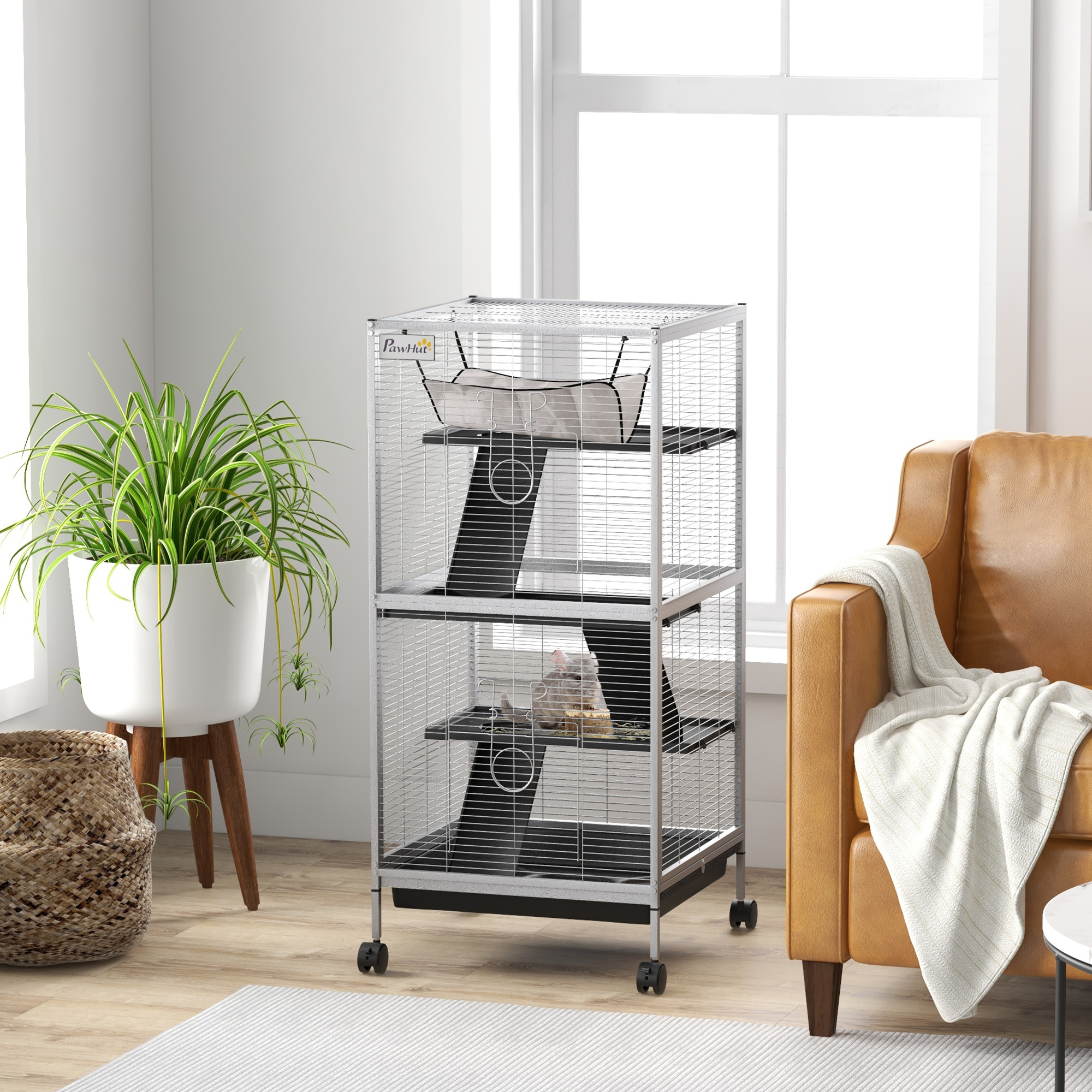 Gaiola PawHut de 4 Níveis para Pequenos Animais, com Rodas, 2 Portas, 3 Rampas, Rede Suspensa e Bandeja Removível para Chinchilas, 52x52x113,5 cm, Branca