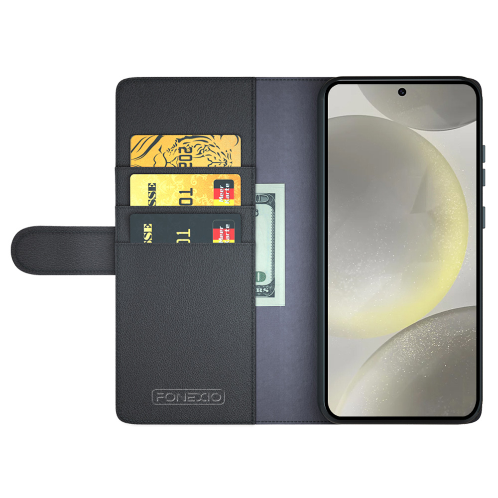 Samsung Galaxy S24 FE Echtleder Tasche Flip Cover mit Kartenfächer - Schwarz
