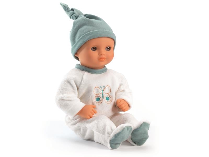DJECO Puppe Pomea: Neige 32 cm Weichkörperpuppe mit braunen Schlafaugen